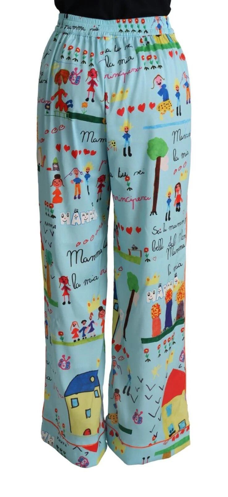 Dolce & Gabbana Light Blue Drawing Mid Waist Wide Leg Pants - IT38|XS - Pants