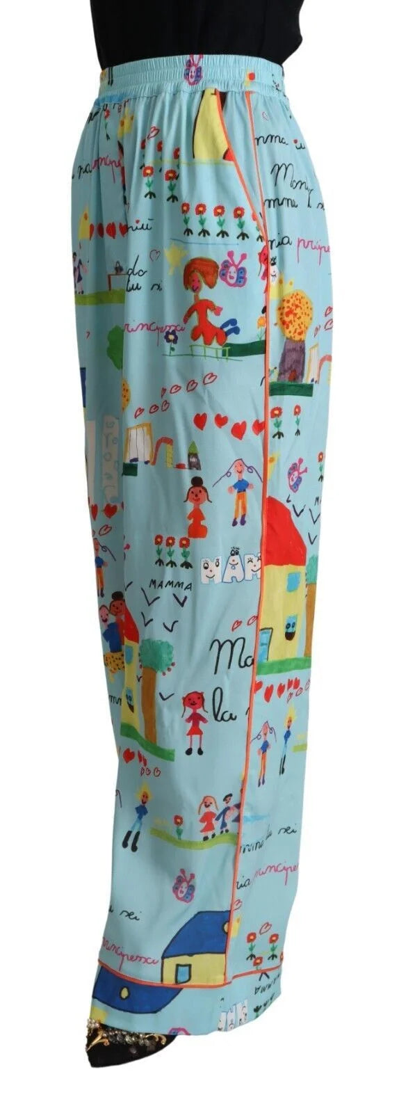 Dolce & Gabbana Light Blue Drawing Mid Waist Wide Leg Pants - IT38|XS - Pants