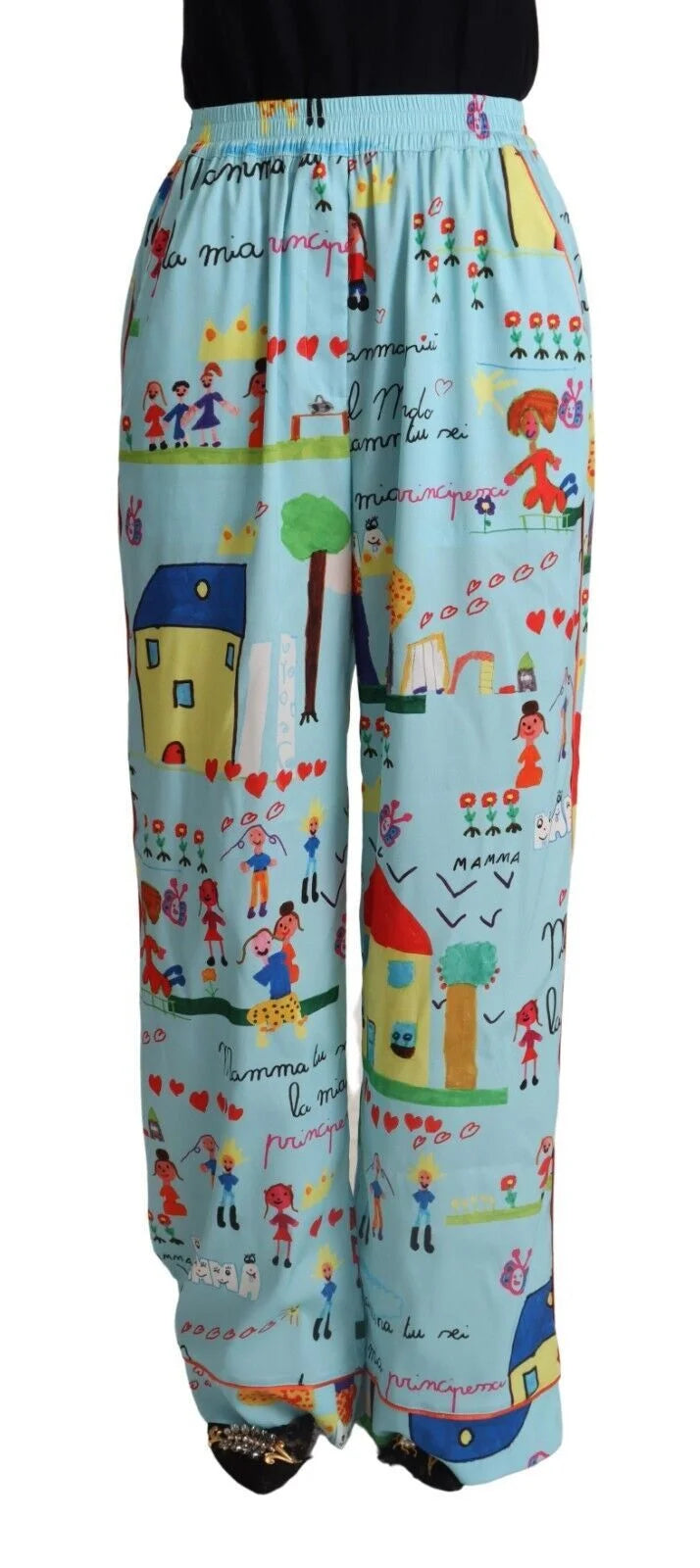 Dolce & Gabbana Light Blue Drawing Mid Waist Wide Leg Pants - IT38|XS - Pants