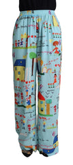 Dolce & Gabbana Light Blue Drawing Mid Waist Wide Leg Pants - IT38|XS - Pants