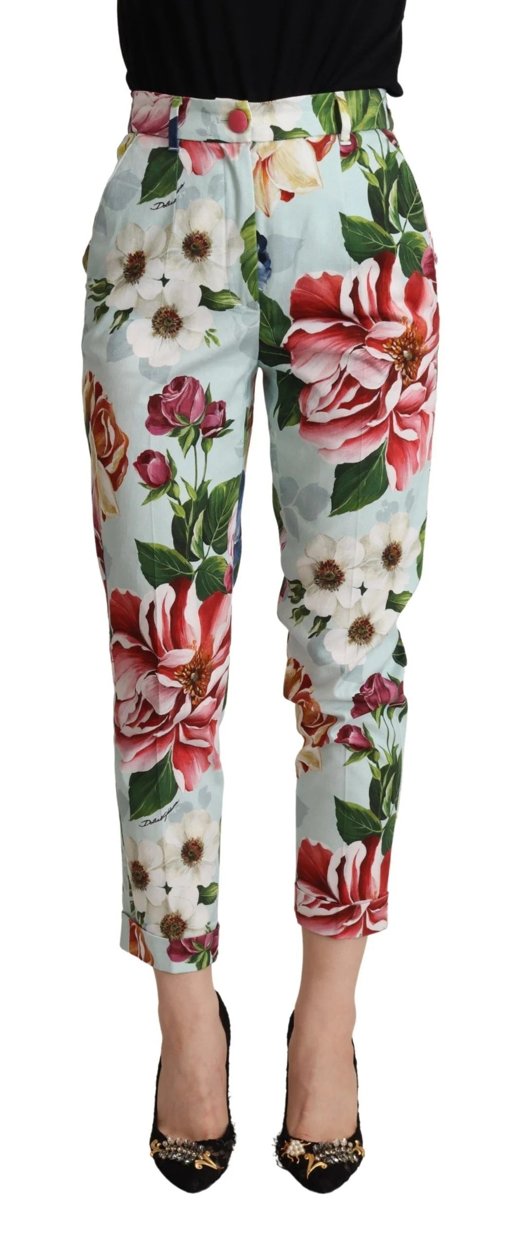 Dolce & Gabbana Light Blue Fiori Print Cotton Trouser Tapered Pants - IT36 | XS - Trousers