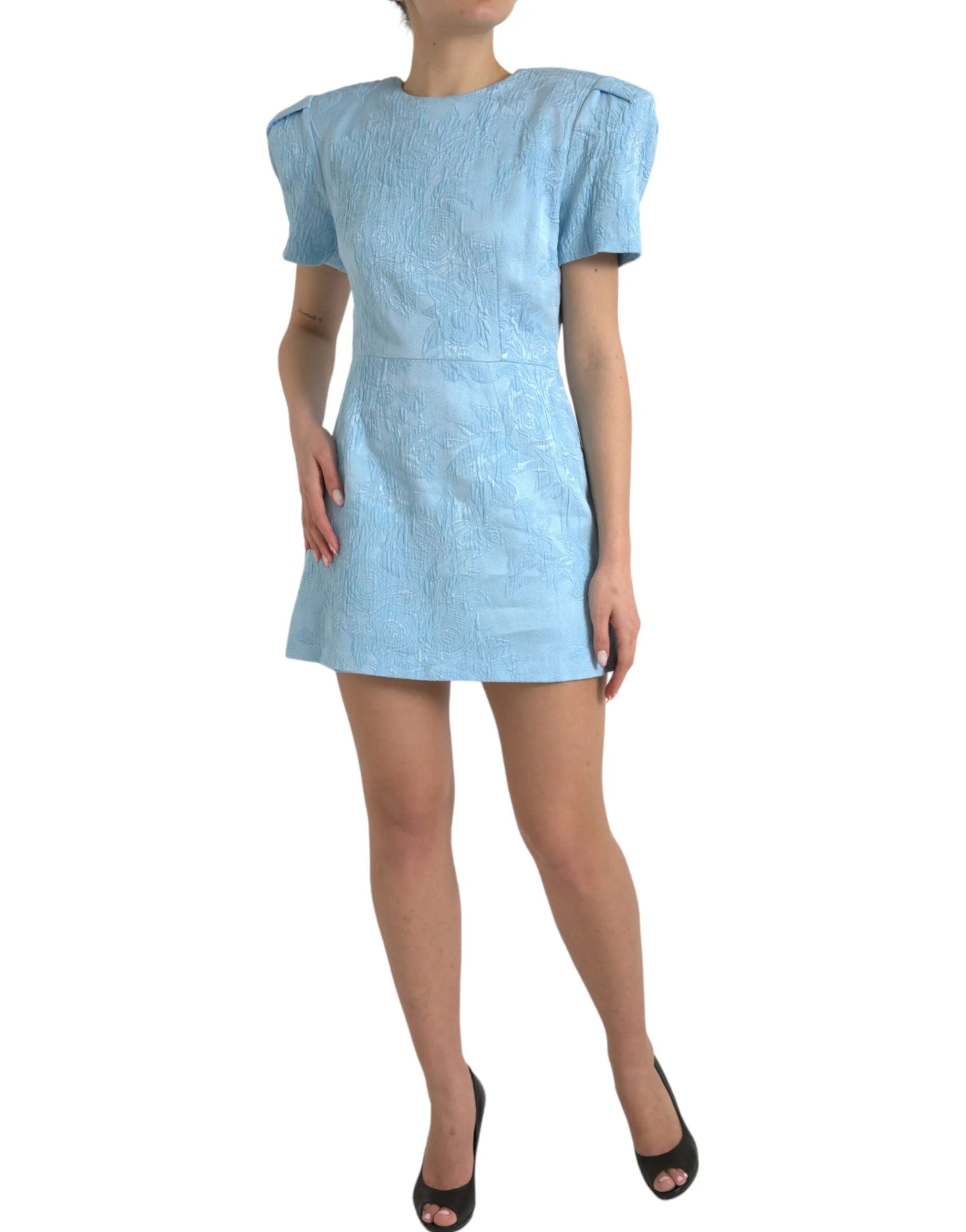 Dolce & Gabbana Light Blue Floral Jacquard Puff Sleeve Mini Dress - IT44 | L - Dresses