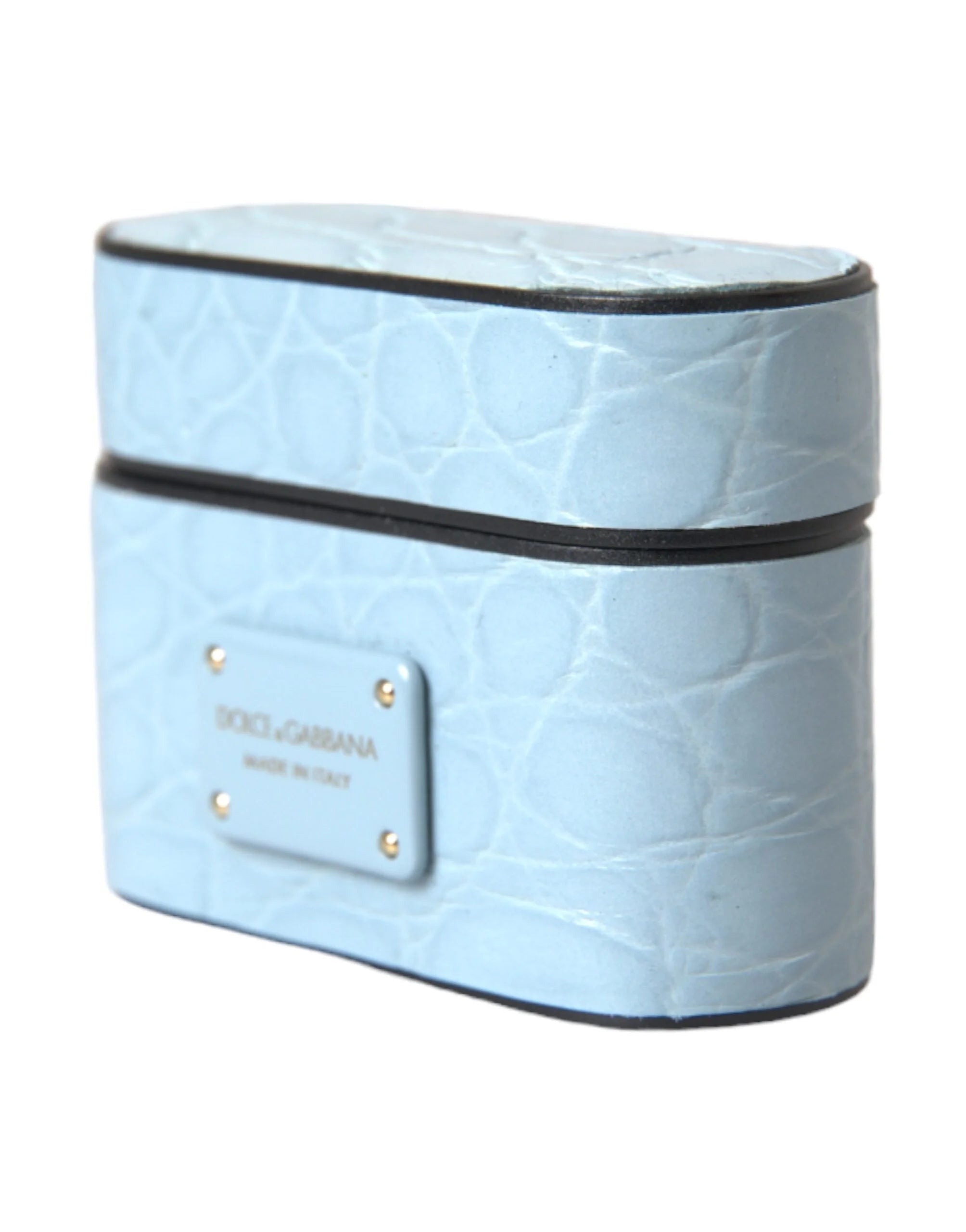 Dolce & Gabbana Light Blue Leather Metal Logo Plaque Airpods Case - Headphone Carrying Cases