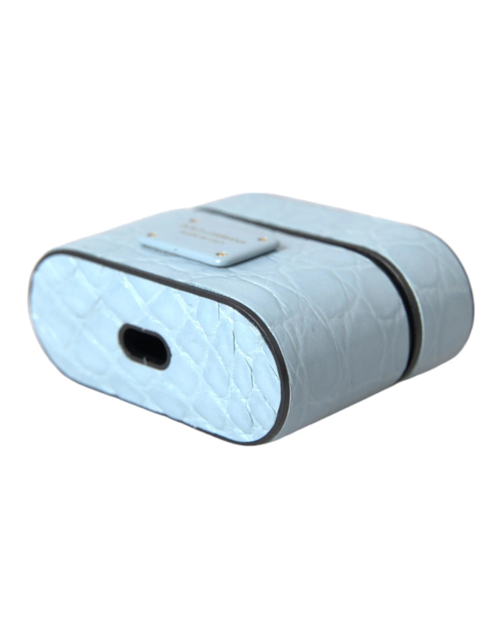 Dolce & Gabbana Light Blue Leather Metal Logo Plaque Airpods Case - Headphone Carrying Cases