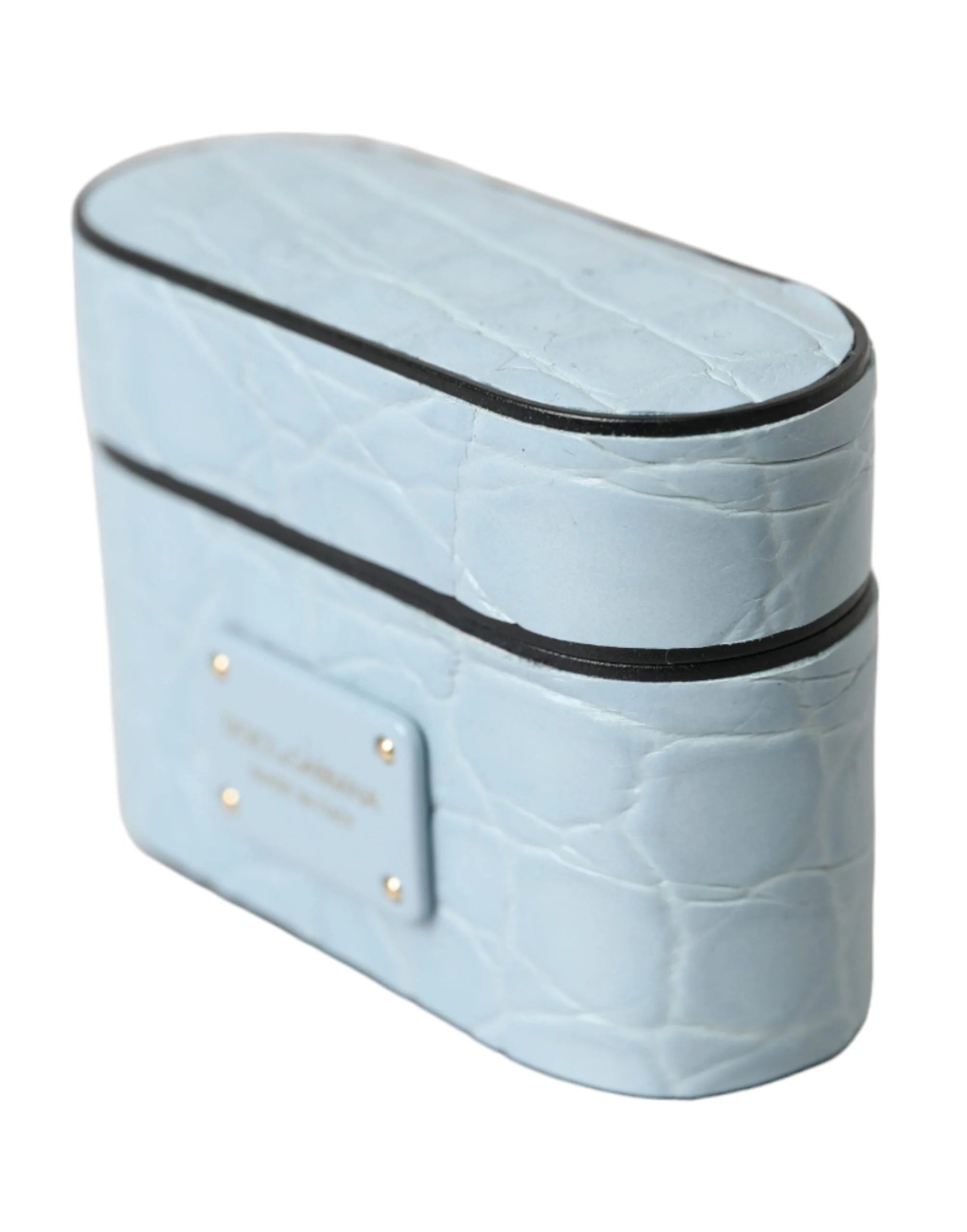 Dolce & Gabbana Light Blue Leather Metal Logo Plaque Airpods Case - Headphone Carrying Cases
