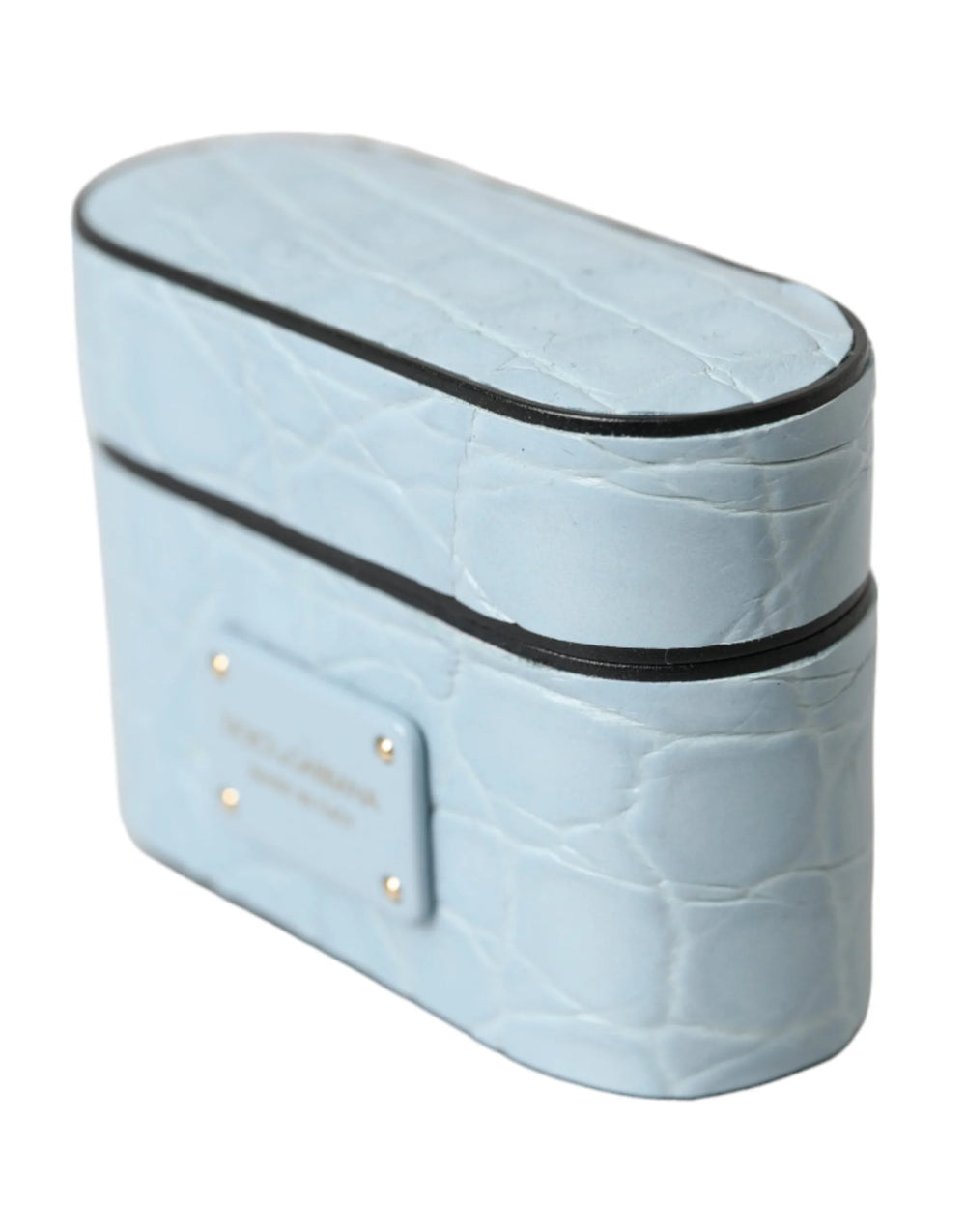 Dolce & Gabbana Light Blue Leather Metal Logo Plaque Airpods Case - Headphone Carrying Cases
