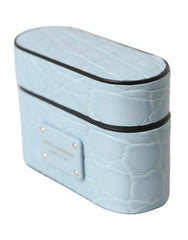 Dolce & Gabbana Light Blue Leather Metal Logo Plaque Airpods Case - Headphone Carrying Cases