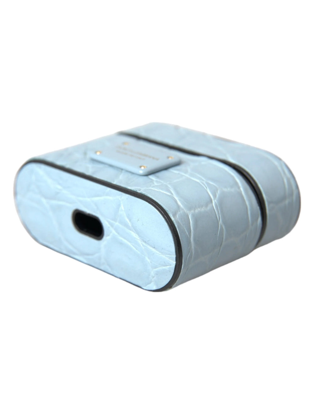 Dolce & Gabbana Light Blue Leather Metal Logo Plaque Airpods Case - Headphone Carrying Cases