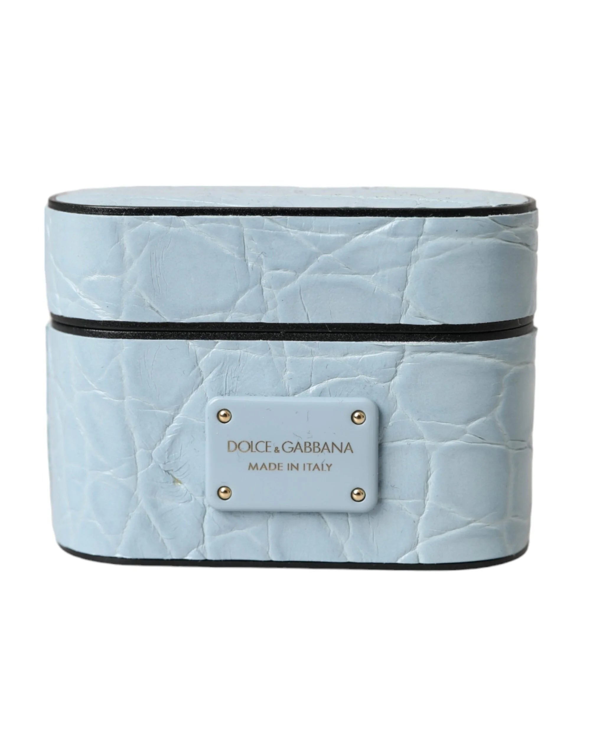 Dolce & Gabbana Light Blue Leather Metal Logo Plaque Airpods Case - Headphone Carrying Cases