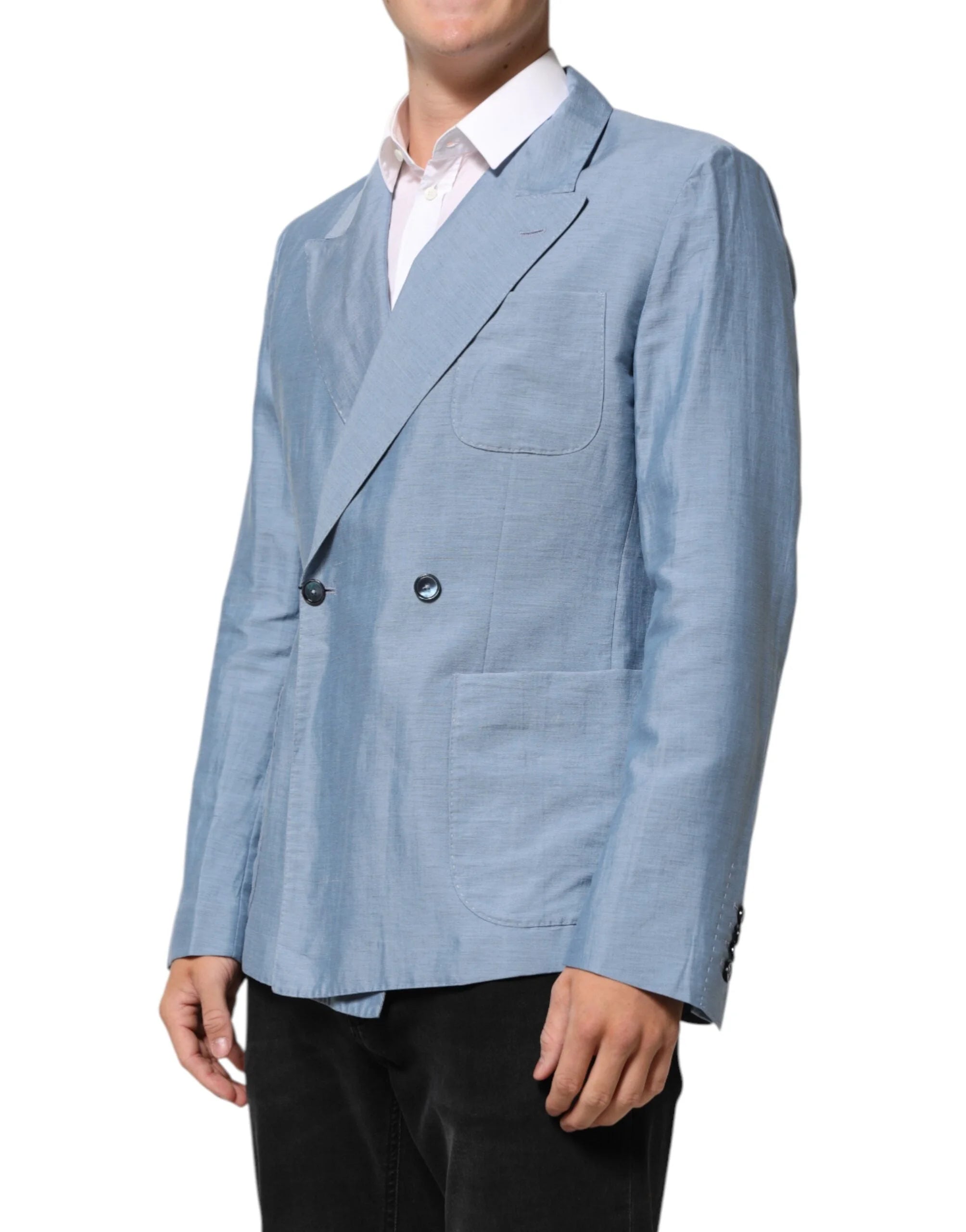 Dolce & Gabbana Light Blue Linen Double Breasted Men Jacket Blazer - IT52 | L - Sport Jackets