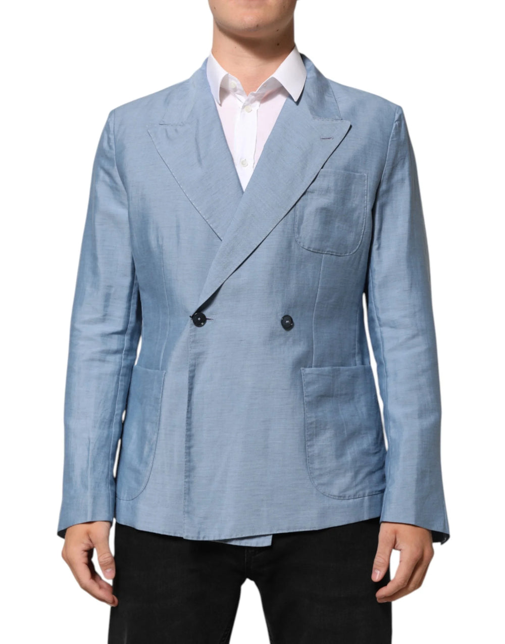 Dolce & Gabbana Light Blue Linen Double Breasted Men Jacket Blazer - IT52 | L - Sport Jackets