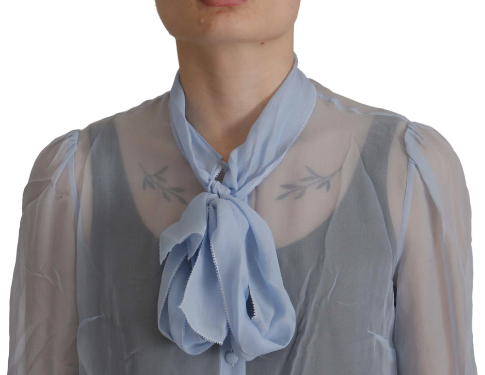 Dolce & Gabbana Light Blue Silk Ascot Collar Long Sleeves Top - IT40|S - Blouses