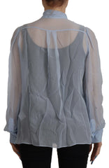 Dolce & Gabbana Light Blue Silk Ascot Collar Long Sleeves Top - IT40|S - Blouses