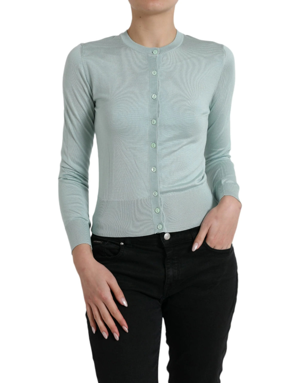 Dolce & Gabbana Light Blue Silk Crew Neck Cardigan Sweater - Cardigans