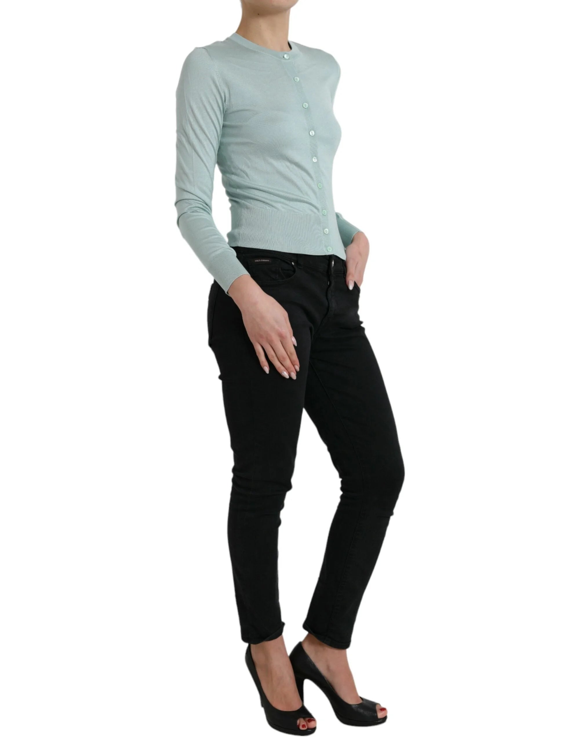 Dolce & Gabbana Light Blue Silk Crew Neck Cardigan Sweater - Cardigans