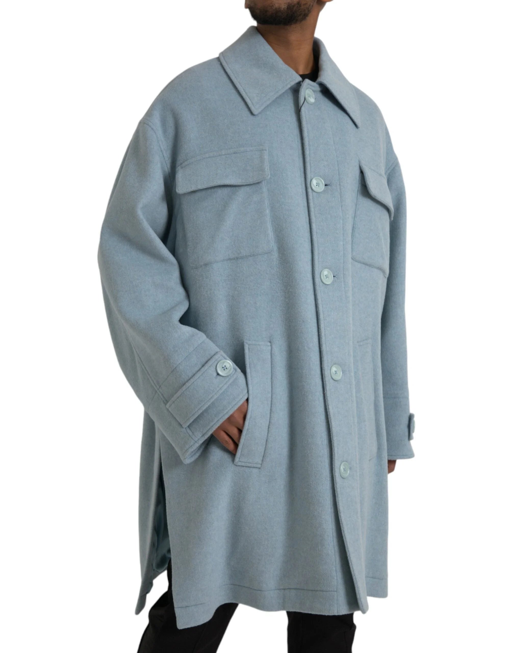 Dolce & Gabbana Light Blue Wool Button Trench Coat Jacket - IT52 | XL - Trench Coats