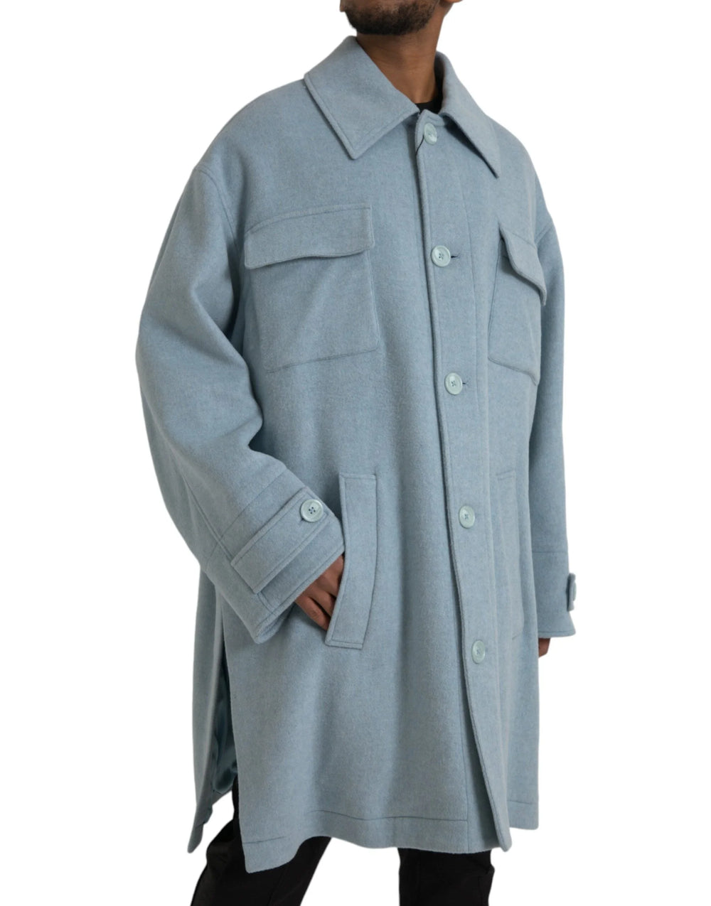 Dolce & Gabbana Light Blue Wool Button Trench Coat Jacket - IT52 | XL - Trench Coats