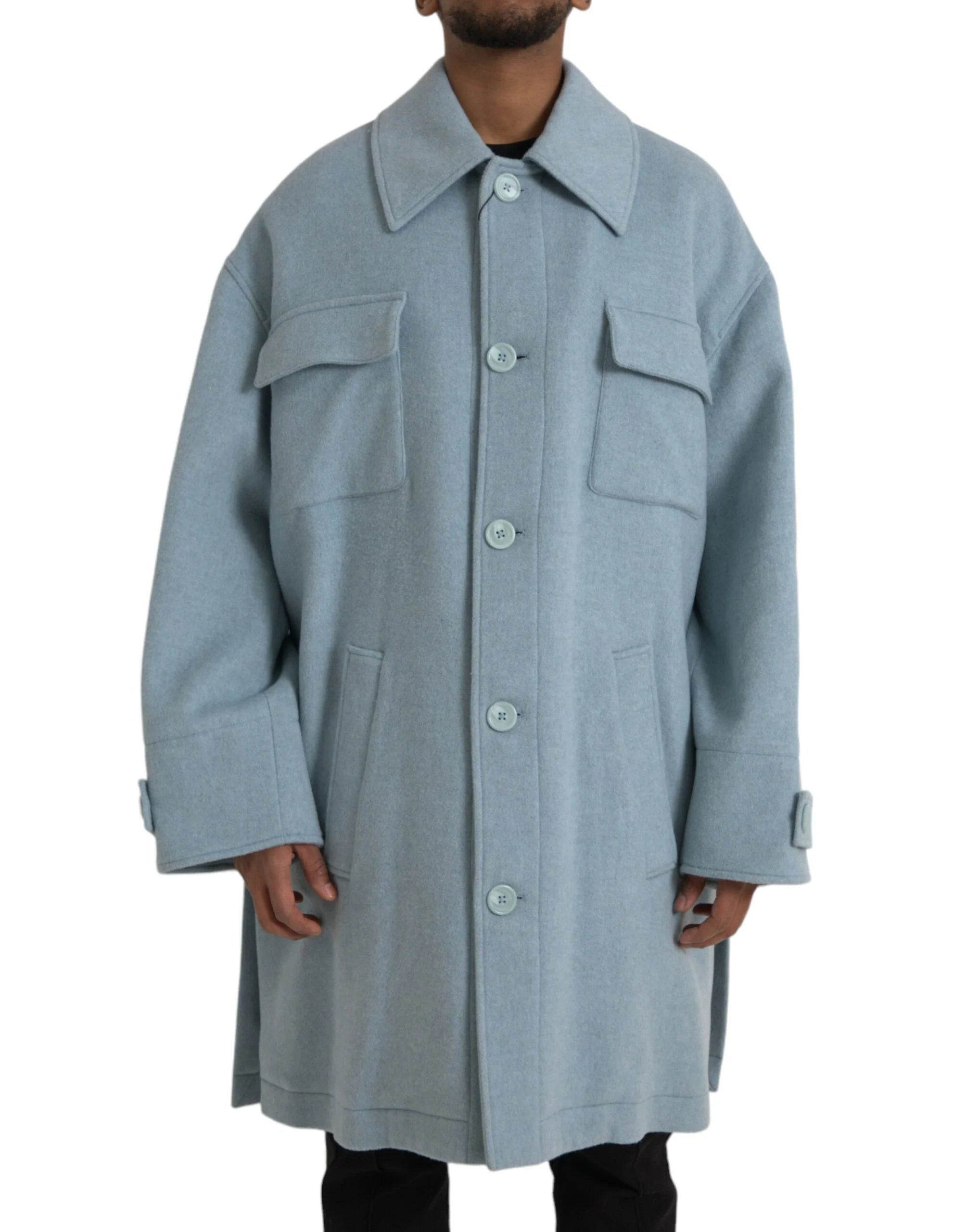 Dolce & Gabbana Light Blue Wool Button Trench Coat Jacket - IT52 | XL - Trench Coats