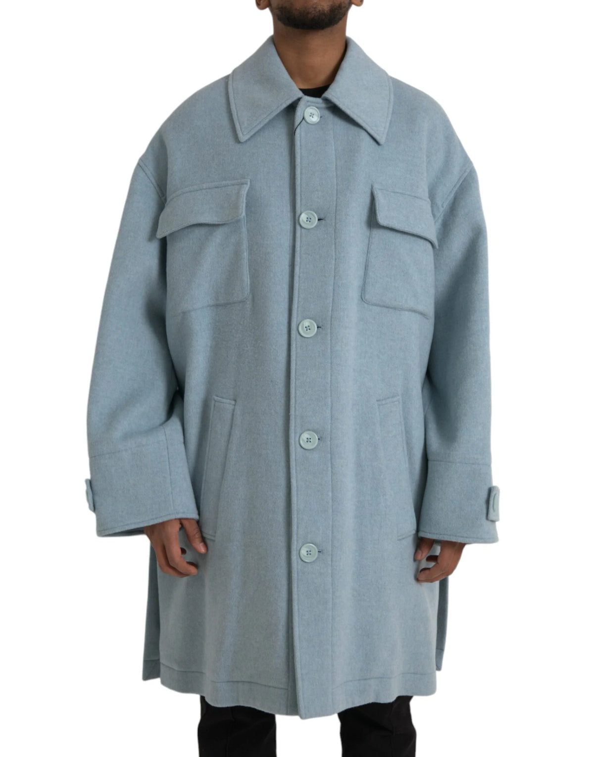 Dolce & Gabbana Light Blue Wool Button Trench Coat Jacket - IT52 | XL - Trench Coats