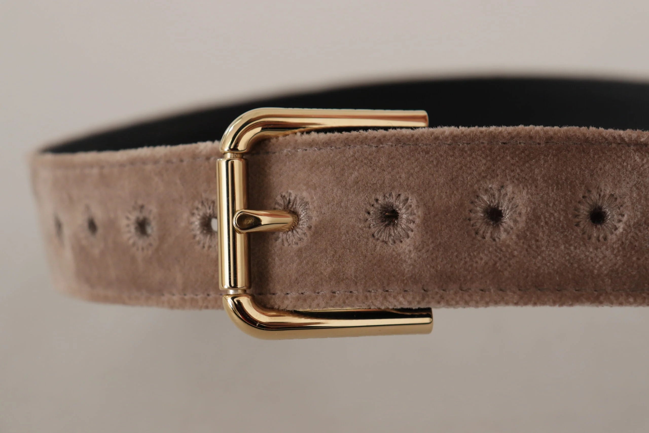 Dolce & Gabbana Light Brown Velvet Gold Tone Logo Metal Buckle Belt - 65 cm / 26 Inches - Belts
