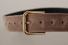 Dolce & Gabbana Light Brown Velvet Gold Tone Logo Metal Buckle Belt - 65 cm / 26 Inches - Belts