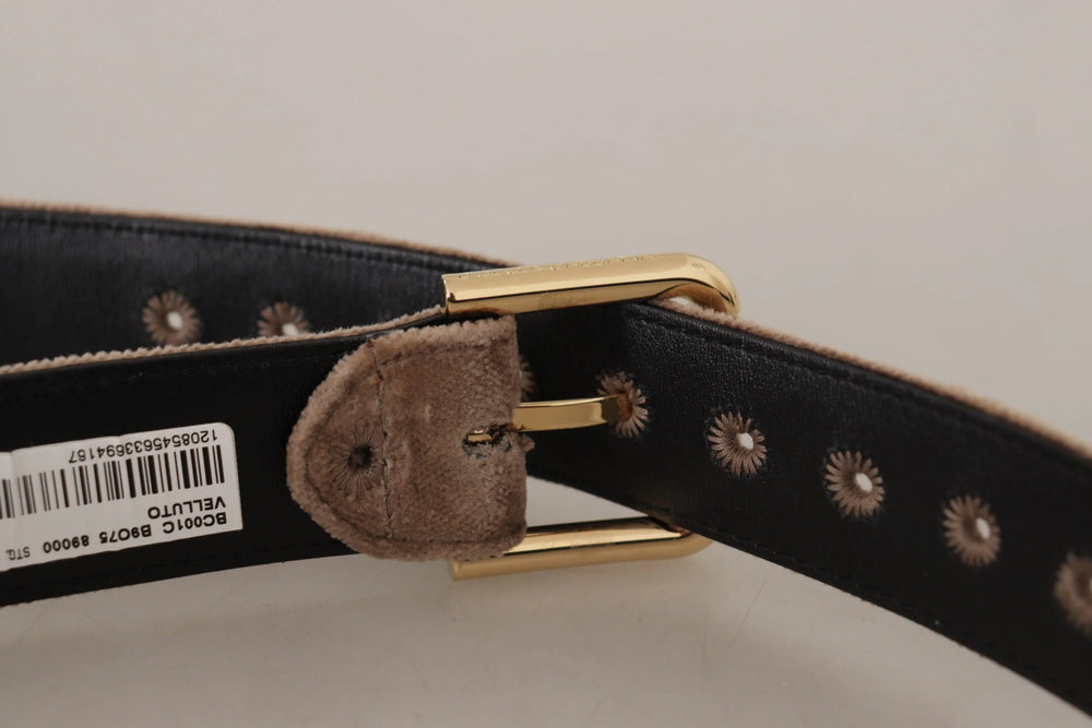Dolce & Gabbana Light Brown Velvet Gold Tone Logo Metal Buckle Belt - 65 cm / 26 Inches - Belts