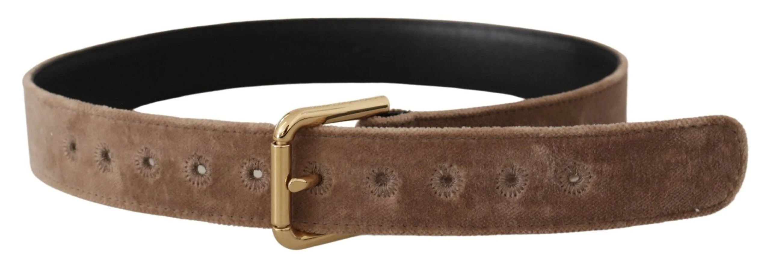 Dolce & Gabbana Light Brown Velvet Gold Tone Logo Metal Buckle Belt - 65 cm / 26 Inches - Belts