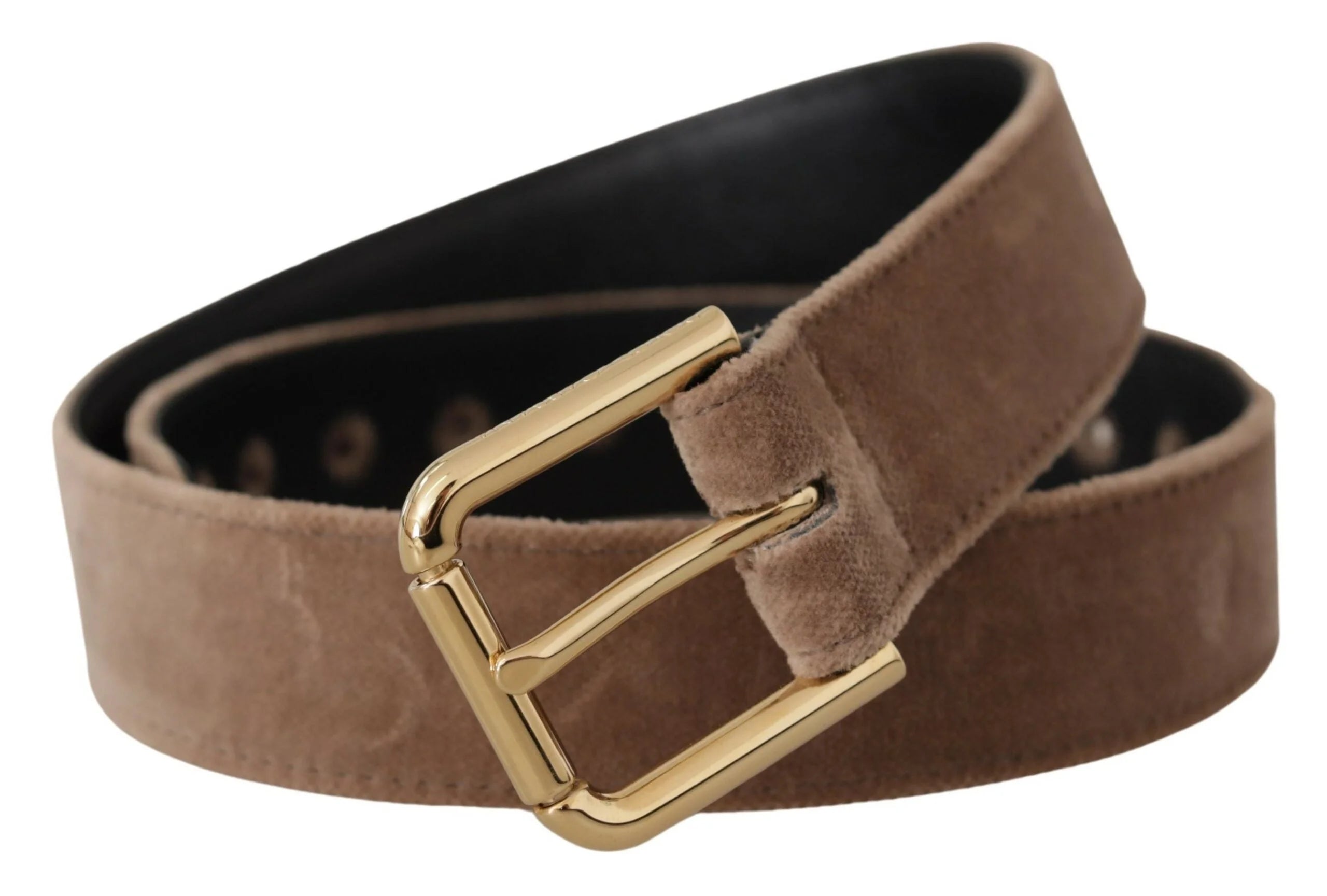 Dolce & Gabbana Light Brown Velvet Gold Tone Logo Metal Buckle Belt - 65 cm / 26 Inches - Belts
