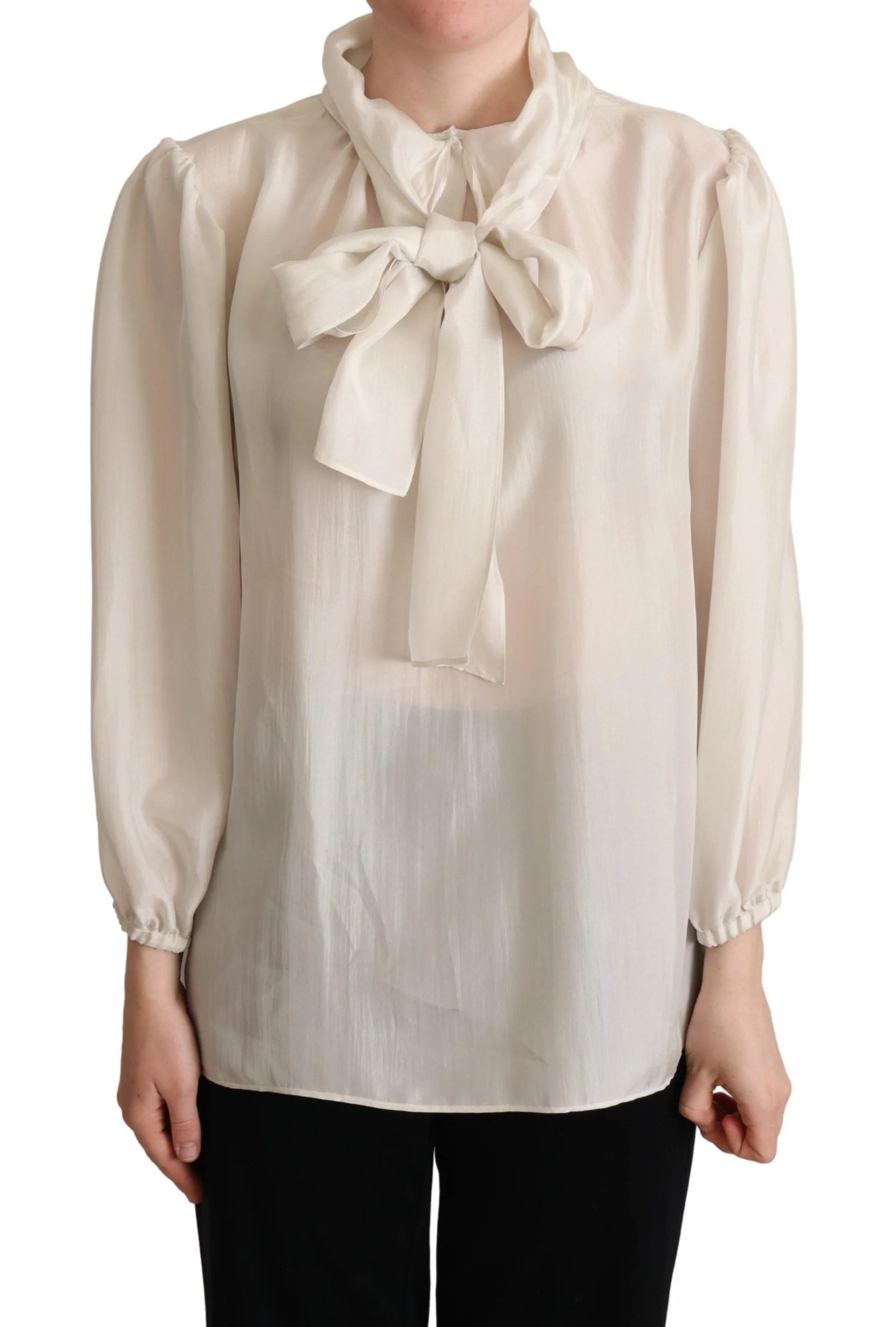 Dolce & Gabbana Light Gray Ascot Collar Shirt Silk Blouse Top - IT44|L - Blouses