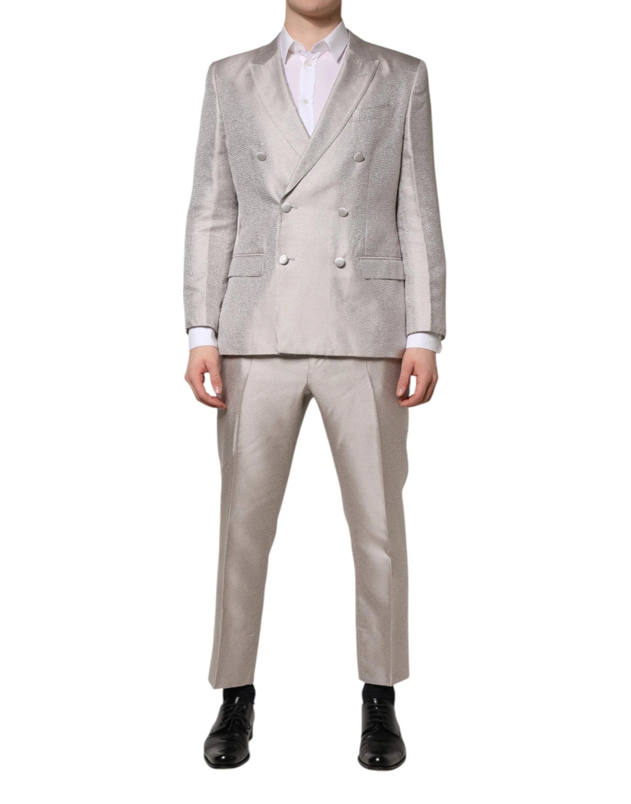 Dolce & Gabbana Light Gray Jacquard Silk Dotted 2 Piece Suit - IT50 | L - Pant Suits