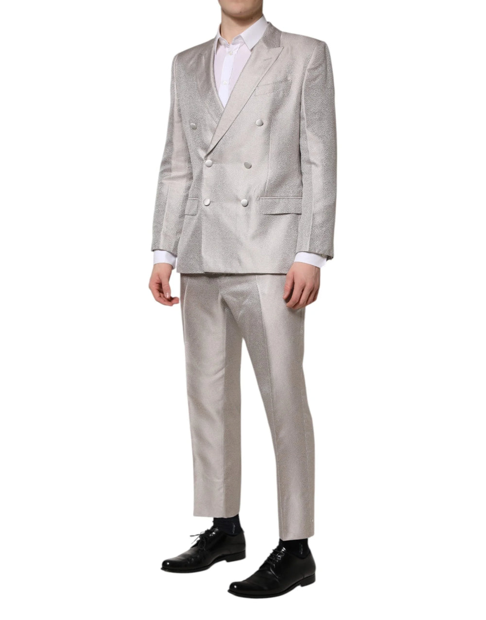 Dolce & Gabbana Light Gray Jacquard Silk Dotted 2 Piece Suit - IT50 | L - Pant Suits