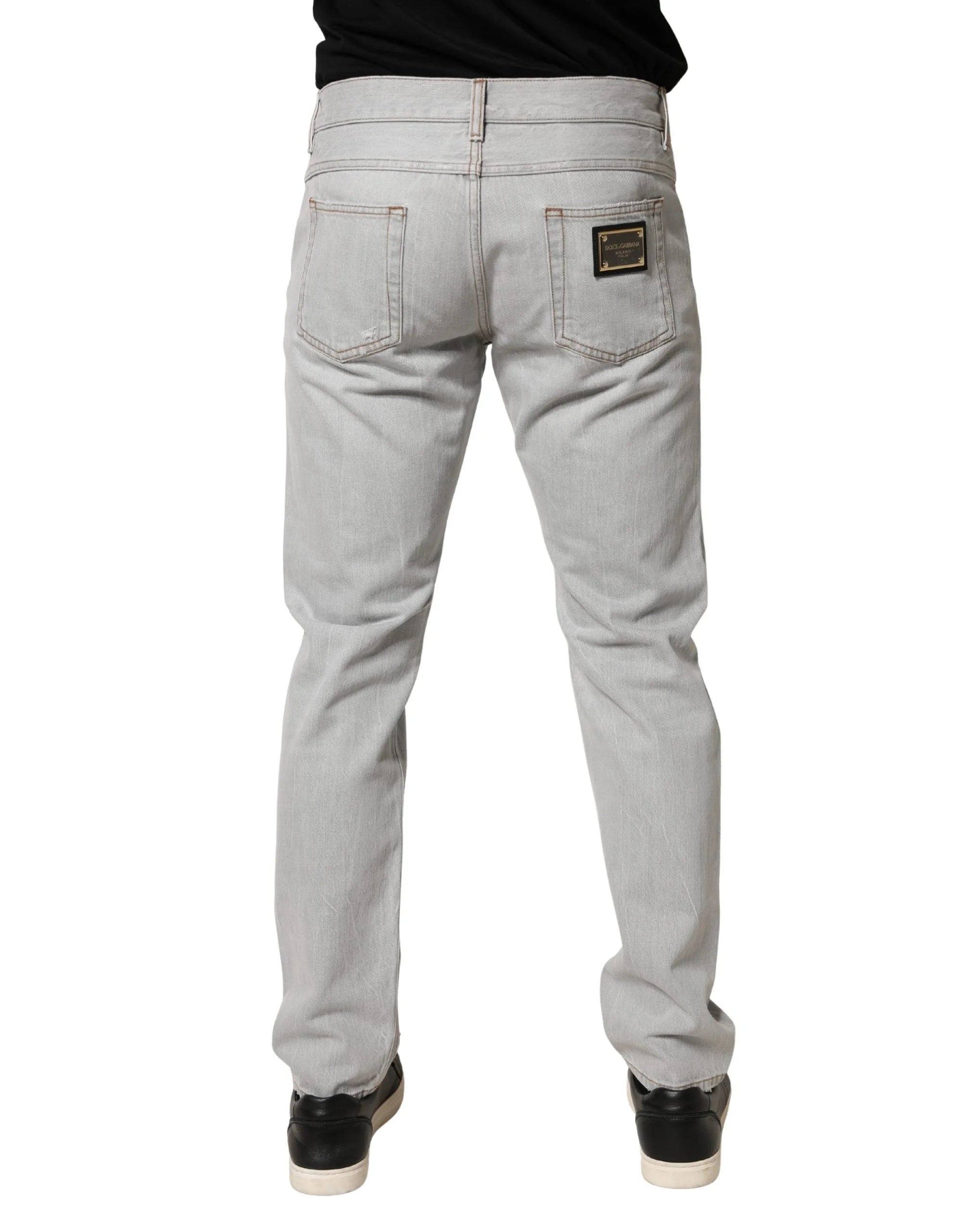 Dolce & Gabbana Light Gray Ripped Cotton Regular Denim Jeans - IT48 | M