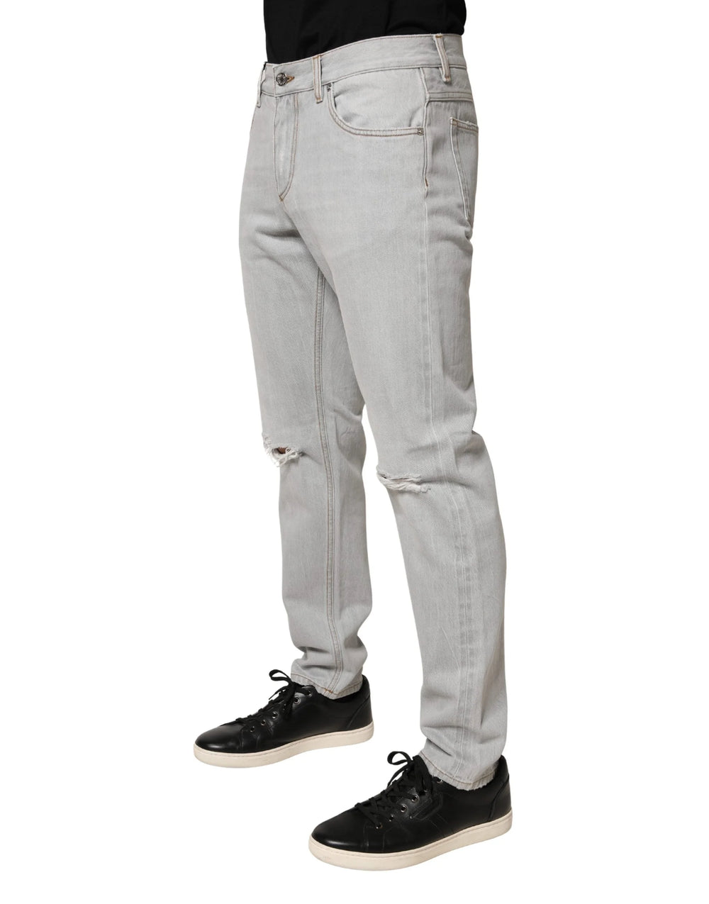 Dolce & Gabbana Light Gray Ripped Cotton Regular Denim Jeans - IT48 | M