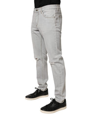 Dolce & Gabbana Light Gray Ripped Cotton Regular Denim Jeans - IT48 | M