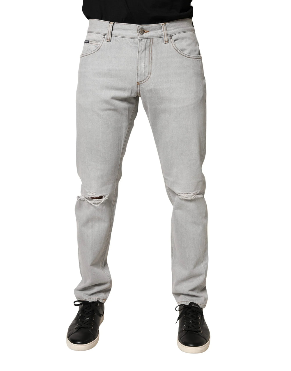 Dolce & Gabbana Light Gray Ripped Cotton Regular Denim Jeans - IT48 | M