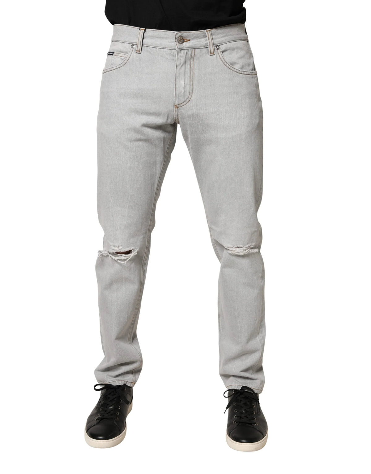 Dolce & Gabbana Light Gray Ripped Cotton Regular Denim Jeans - IT48 | M