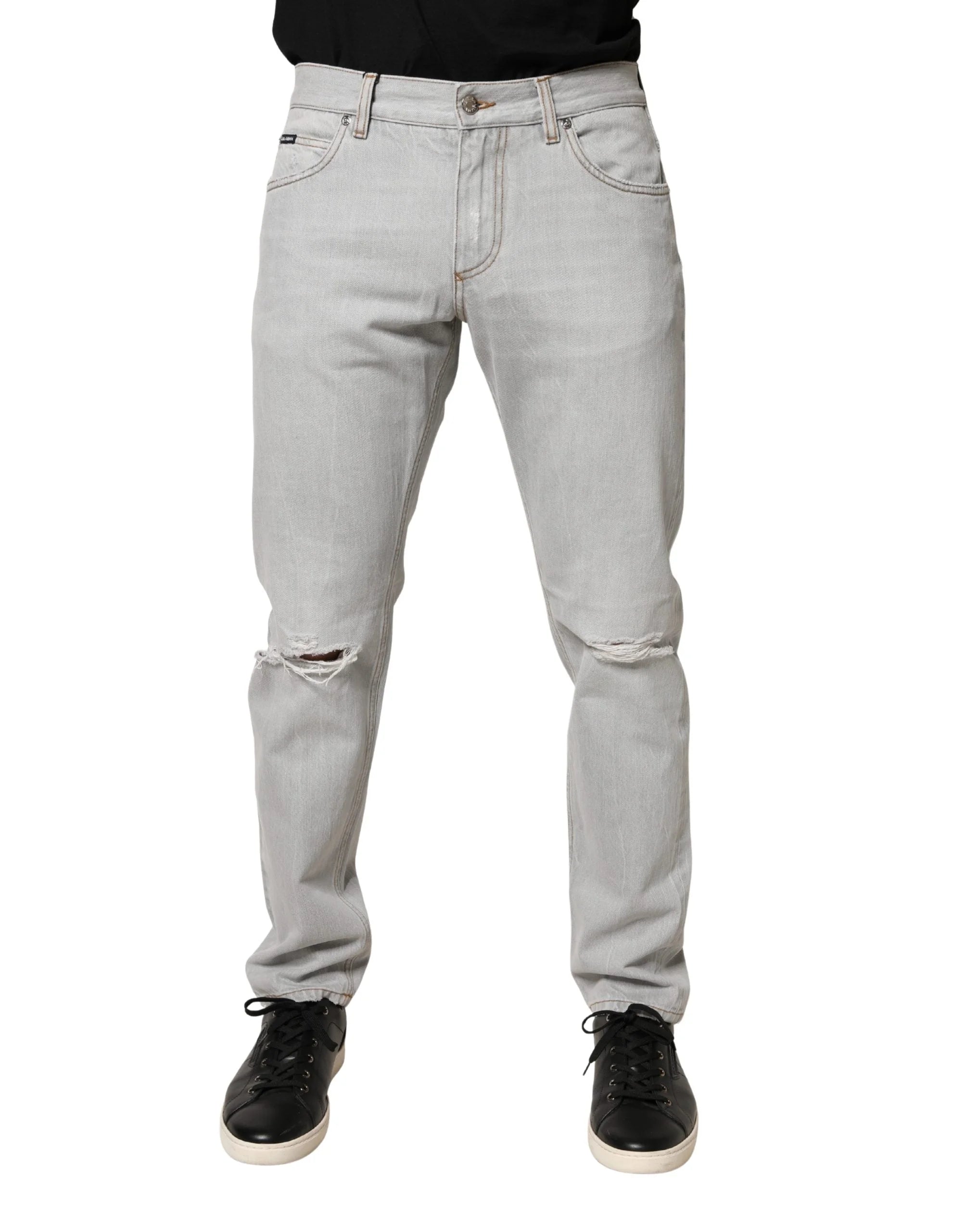 Dolce & Gabbana Light Gray Ripped Cotton Regular Denim Jeans - IT48 | M