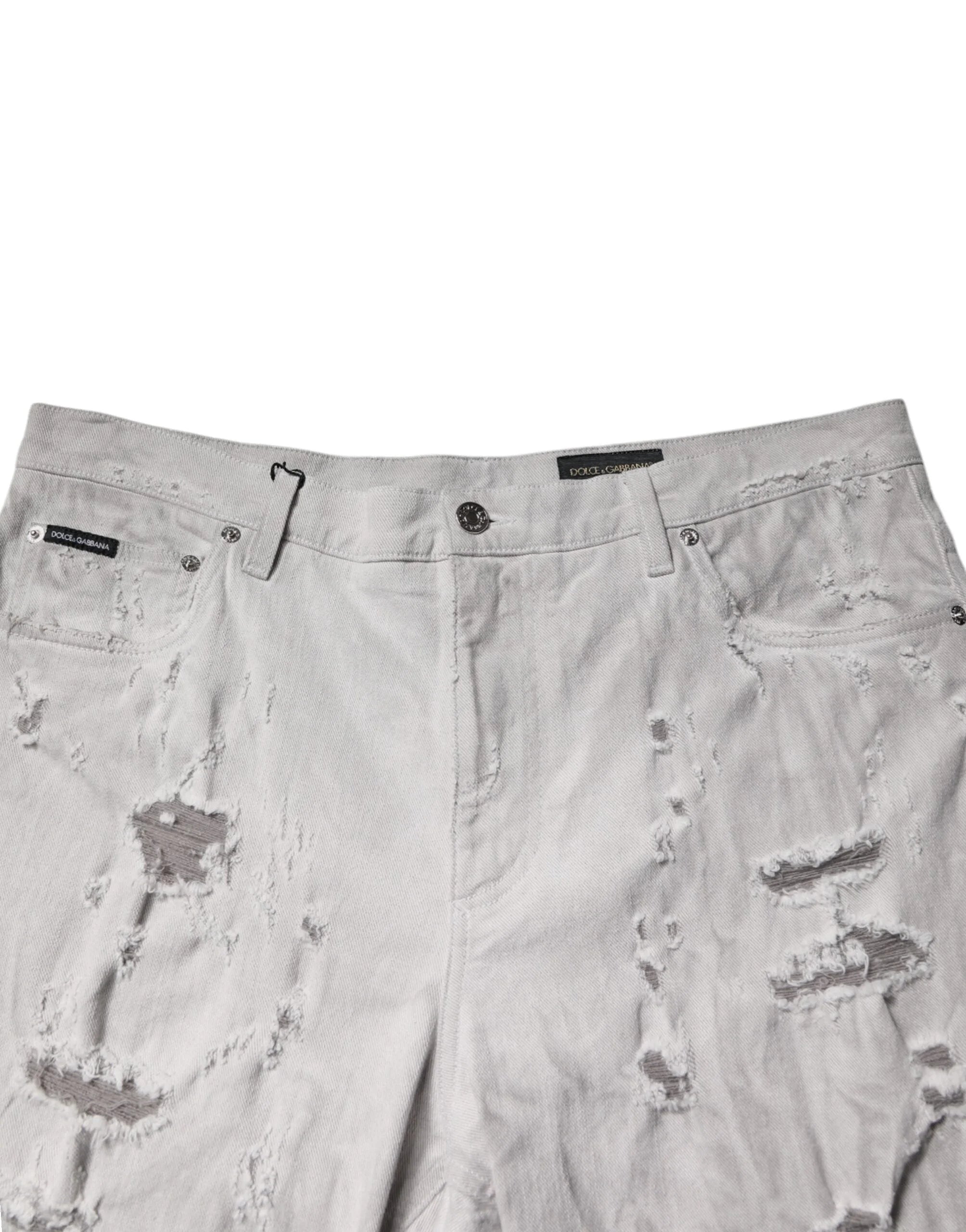 Dolce & Gabbana Light Gray Tattered Men Denim Bermuda Shorts - Bermudas