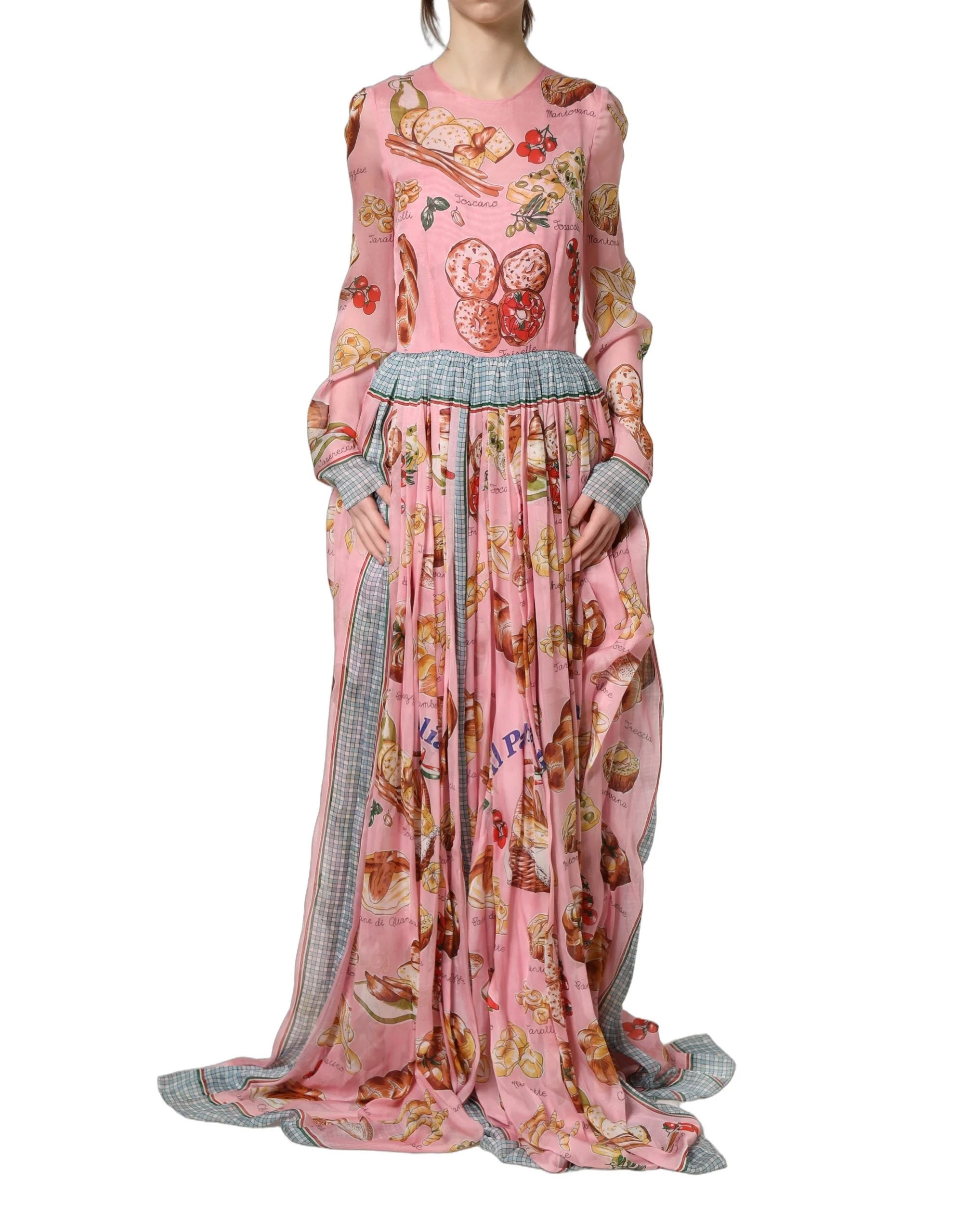 Dolce & Gabbana Light Pink Bread Print Pleated Maxi Dress - IT36|XXS