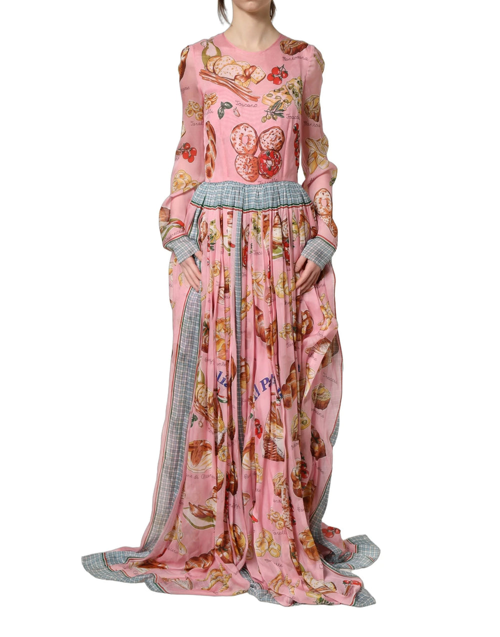 Dolce & Gabbana Light Pink Bread Print Pleated Maxi Dress - IT36|XXS