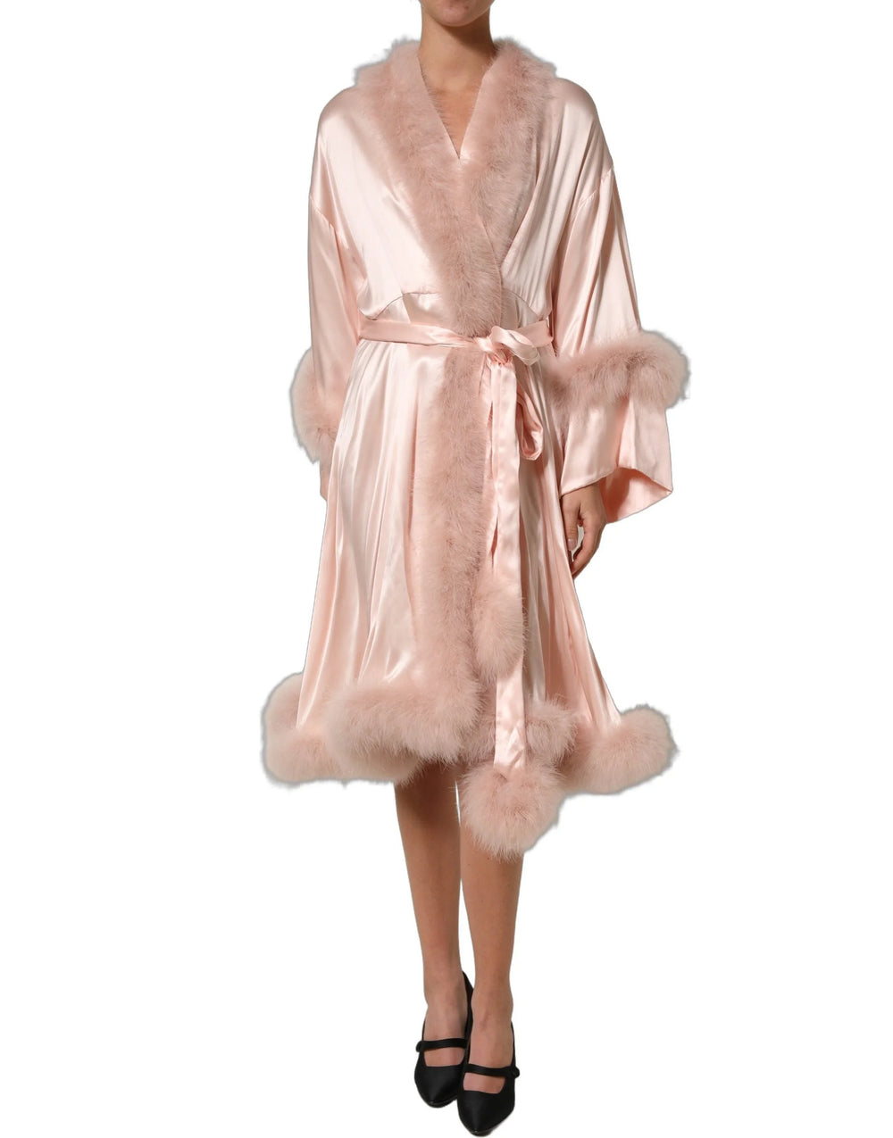 Dolce & Gabbana Light Pink Silk Turkey Feather Wrap Midi Dress - IT38 | XS
