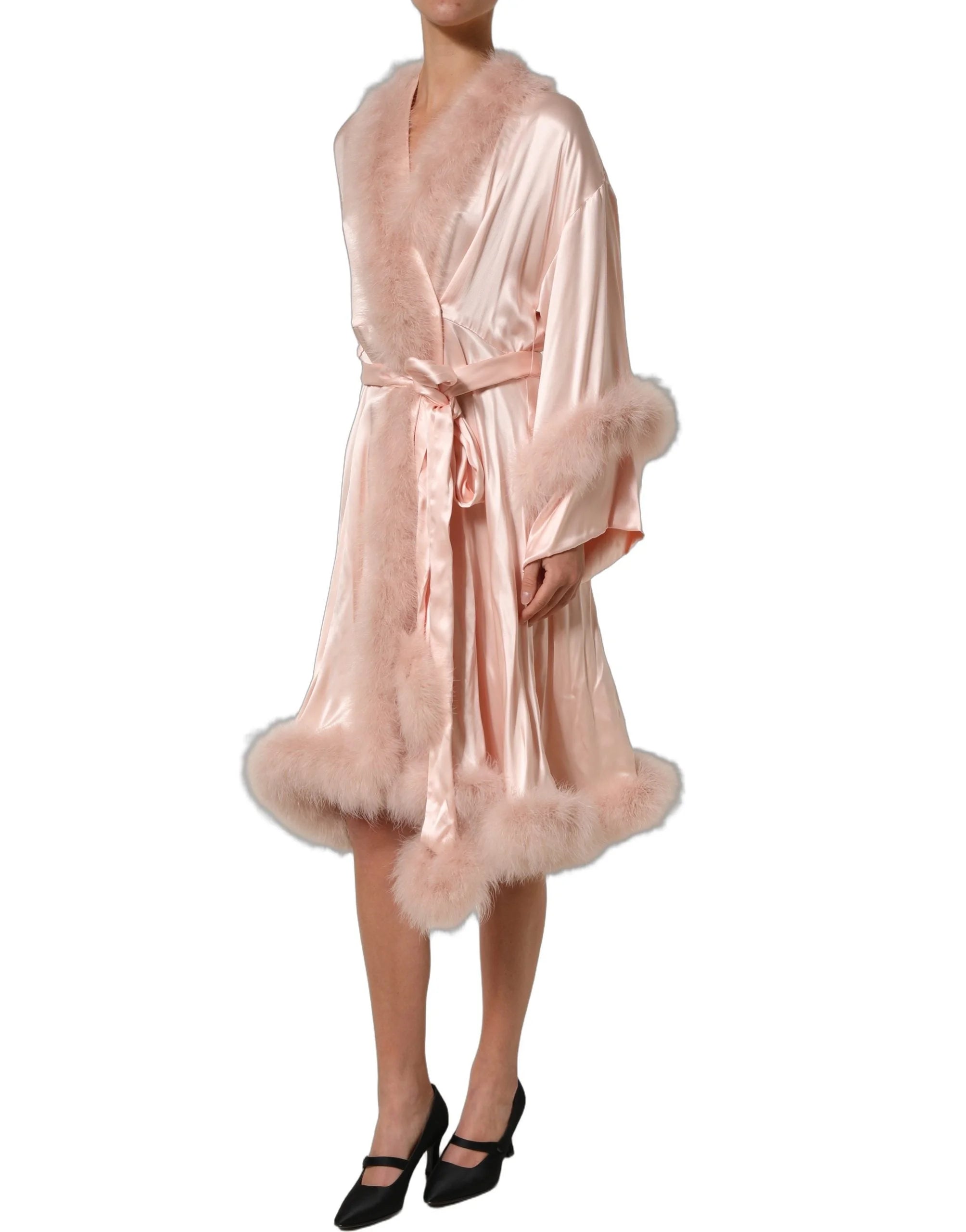 Dolce & Gabbana Light Pink Silk Turkey Feather Wrap Midi Dress - IT38 | XS