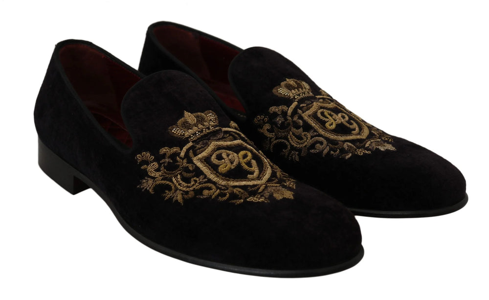 Dolce & Gabbana Loafers Black Velvet Gold Crown - EU39/US6 - Flats