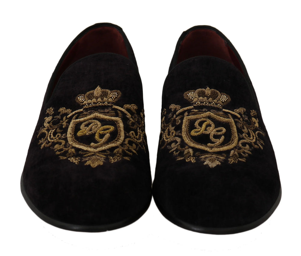 Dolce & Gabbana Loafers Black Velvet Gold Crown - EU39/US6 - Flats
