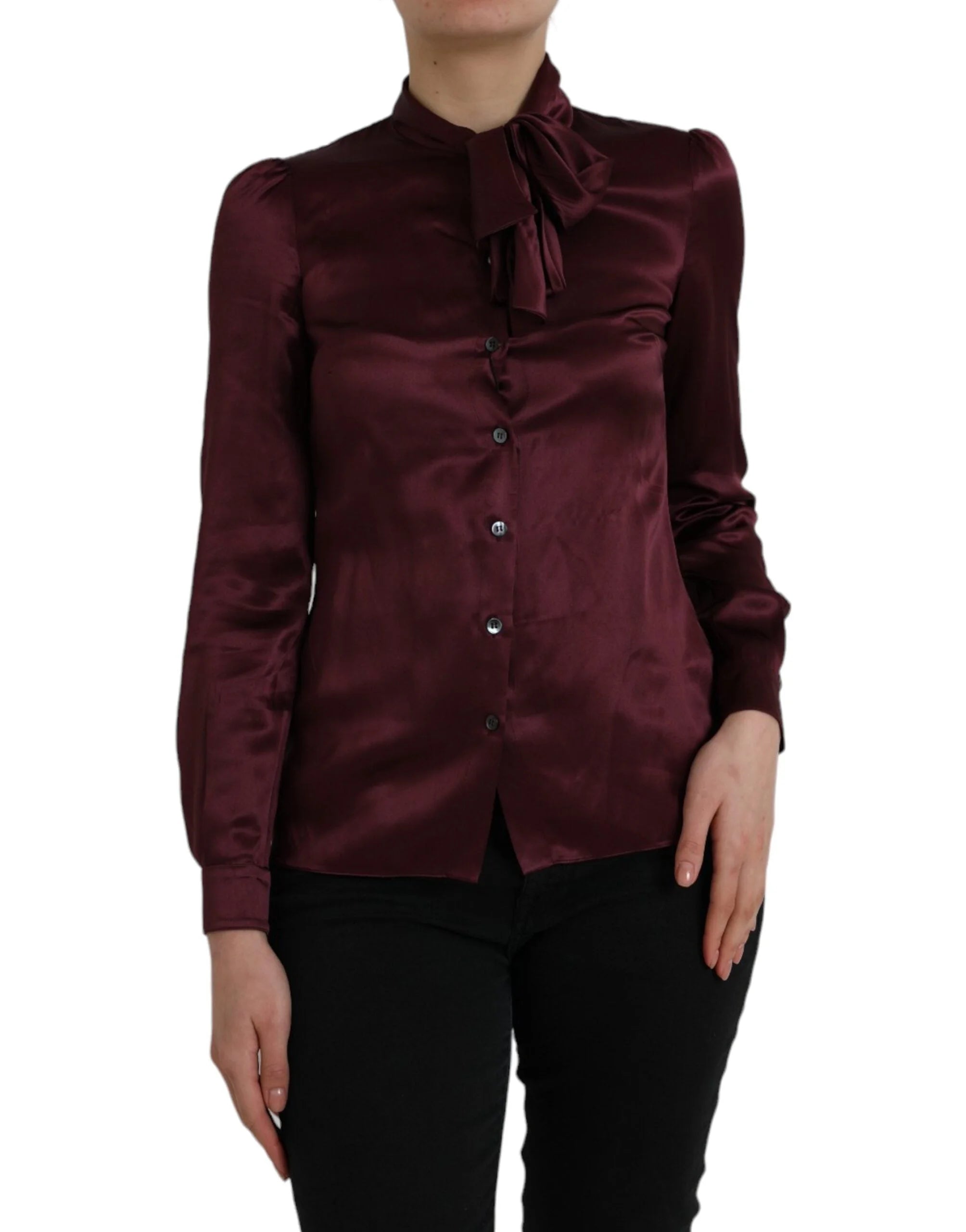 Dolce & Gabbana Maroon Ascot Collar Long Sleeve Top Blouse - IT36 | XS - Blouses