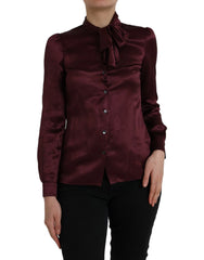 Dolce & Gabbana Maroon Ascot Collar Long Sleeve Top Blouse - IT36 | XS - Blouses