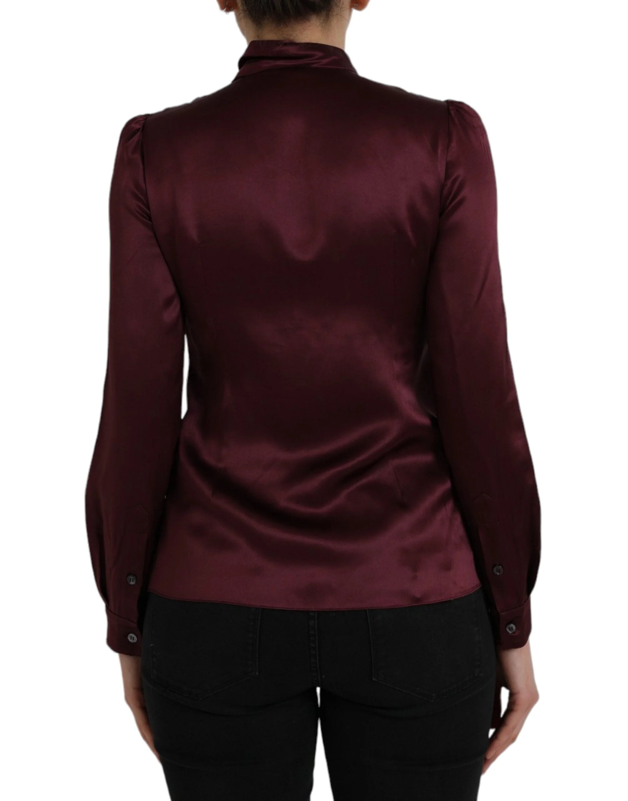 Dolce & Gabbana Maroon Ascot Collar Long Sleeve Top Blouse - IT36 | XS - Blouses