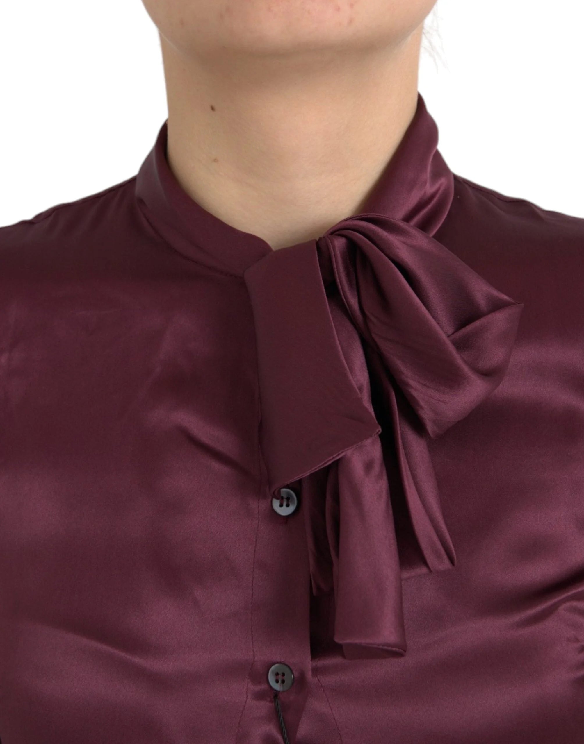 Dolce & Gabbana Maroon Ascot Collar Long Sleeve Top Blouse - IT36 | XS - Blouses