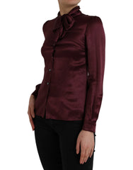 Dolce & Gabbana Maroon Ascot Collar Long Sleeve Top Blouse - IT36 | XS - Blouses