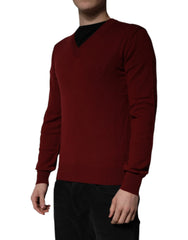 Dolce & Gabbana Maroon Cashmere V-neck Men Pullover Sweater - Sweaters